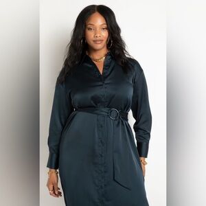 Eloquii Midnight Blue Button-Down Midi Dress 14 satin office work dress